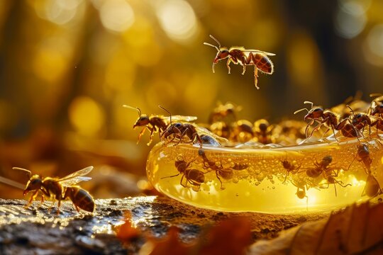 Golden Ants honey drop sunlight. Natural wild. Generate Ai