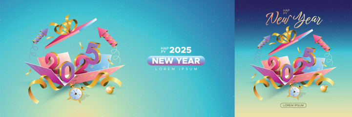 Happy new year 2025 with open gift box and 3D number on grainy background