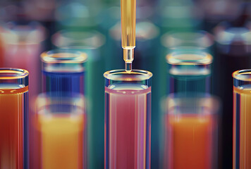 A closeup of test tubes filled with colorful liquid