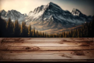 Papier Peint photo autocollant Couleur saumon Outdoor wooden table on blur natural mountain landscape background. Flawless generative ai