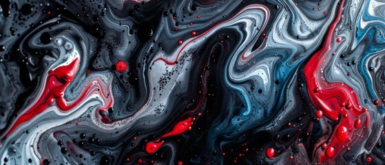  A detailed photo of a liquid artwork featuring intertwined red, black, and blue strands with droplets of water