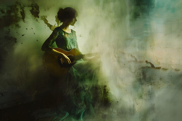 Beautiful woman plays guitar. Blurred illustration in blur motion camera photography style. Concept art illustration for a poster, for music album, book cover