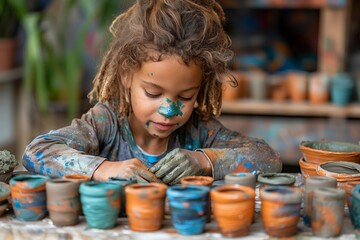 Creative kid enjoying pottery painting
