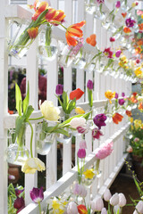 Decorative decoration of the wall with the first spring flowers, tulips, daffodils. Flowers in glass vases and glasses on white wooden wall, selective focus