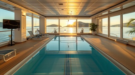 Luxurious cruise ship indoor swimming pool and spa area with sun loungers and exercise equipment.