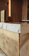 closeup of the front counter, white marble and light brown leather background wall. thin metal mesh, creating an elegant contrast between natural materials and modern design elements