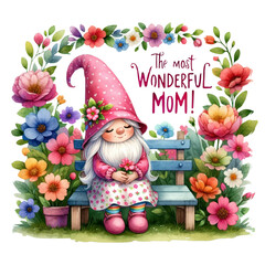 Gnome mother, gnome mom, wording Mother's Day festival, watercolor Clipart