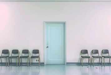 A light blue door in the waiting room of a hospital