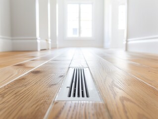Close up of an empty wooden floor with one air vent in the middle, interior design photography