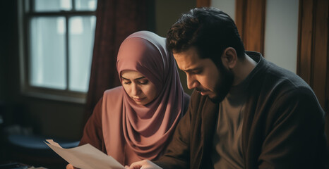 Muslim couple, man and woman, looking worried reading a letter. Dealing with financial or other problems such as a medical diagnosis.