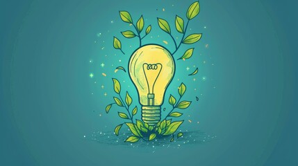 Green energy solution, visualized as doodle plants growing out of a lightbulb,