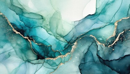 Naklejka premium Beautiful turquoise colors blue, green, cyan, gold abstract alcohol ink watercolor background. Abstract liquid marble design. Luxury wallpaper concept brush oil modern paper splash painting water.