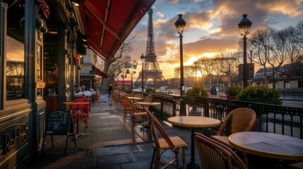 Our image showcases the iconic Eiffel Tower against the backdrop of charming cafes, embodying the romance of the city - obrazy, fototapety, plakaty