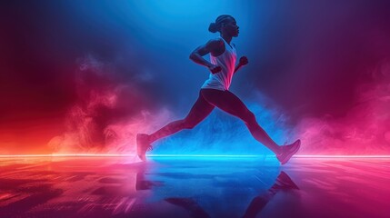 Fototapeta na wymiar Rearview with male athlete running at speed with long-exposure lighting effect in front of a blue runway background, Generative AI