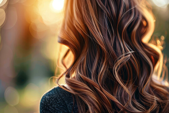 A woman with long brown hair, styled in soft waves and curls. The image shows her hair shining in the sunlight