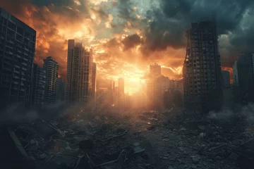 Zelfklevend Fotobehang Apocalyptic city. Ruin war disaster. Generate Ai © anatolir