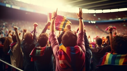 Fototapeta na wymiar Soccer fan or football fan with flag at cheering while winning match. Generative AI