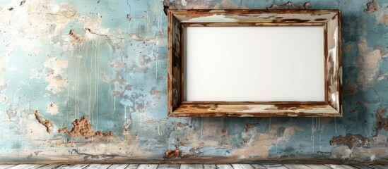 An aged wooden frame, displaying signs of wear and tear, hung on a wall with paint peeling off - obrazy, fototapety, plakaty