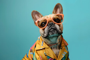 Funny cute dog wearing summer suit on studio background.
