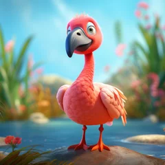 Wandaufkleber A cartoonish pink flamingo stands on a rock in front of a pond. The bird has a happy expression on its face, and the scene is bright and cheerful © Mongkol