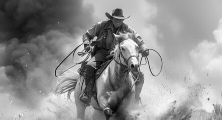Fototapeta premium Black and white photo of a cowboy on a horse with a lasso in his hand against a sunset background