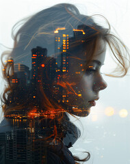 Portrait of a girl against the backdrop of skyscrapers in the city. Double exposure