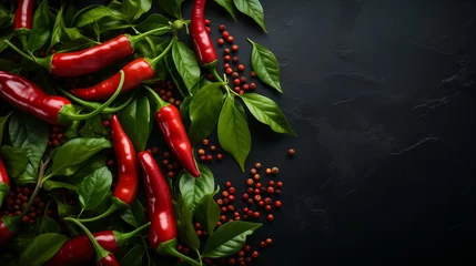 Glasschilderij  Top view of red chili peppers, peppercorns, and green basil leaves on a dark textured background. Ingredients for cooking and seasoning concept. Design for spice market advertising, culinary blog.  © ArtStockVault