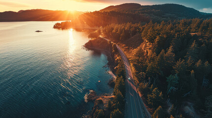 Aerial view of a coastal road at sunset, where the forest meets the calm sea.