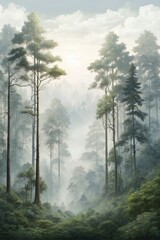 Forest in the fog with many tall trees