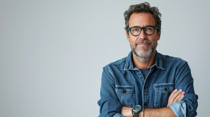 Confident middle-aged man in denim with glasses, smiling with arms crossed on a grey backdrop.