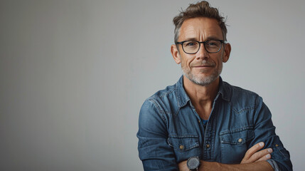 Obraz premium Confident middle-aged man in denim with glasses, smiling with arms crossed on a grey backdrop.