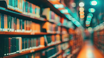 Obraz premium Blurred background of books and bookshelves in library hallway