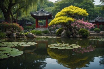 Flowers, ancient Chinese architecture, lush plants and lanterns