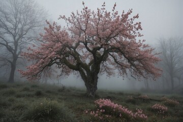 Obraz na płótnie Canvas Tree with pink flowers on a misty day