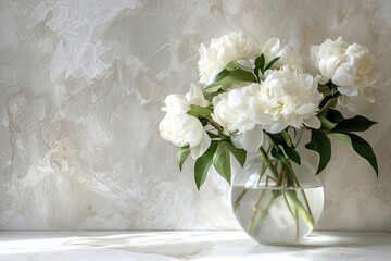 Beautiful white flowers in a transparent vase on a living room table placed in front of a comfortable soft sofa chair on a bright background with perfect copy space for product highlights