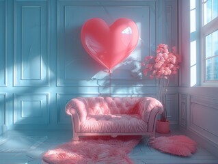 Heart-shaped balloon in a pastel-colored minimal room ,love concept