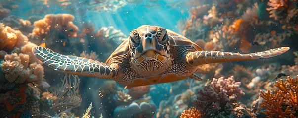 Fotobehang Sea turtle in the water against the background of corals © kvdkz