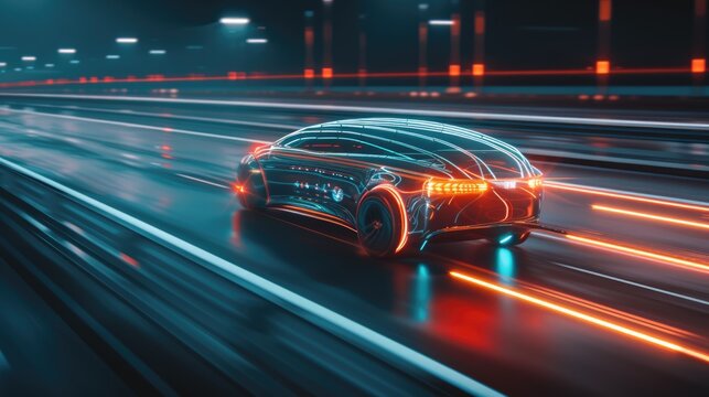 Explore the future of travel with ev car showcasing motion lighting and self driving on the highway