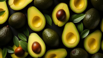 Whole and halved avocados with pits on a dark background, flat lay composition. - obrazy, fototapety, plakaty