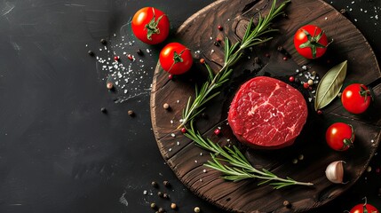 Round raw steak on wooden board with fresh tomatoes, rosemary and herbs on black background with copy space for text