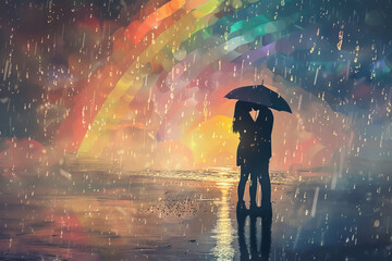 A couple kissing under an umbrella in a rainy day with a rainbow