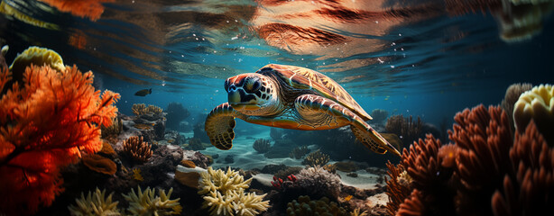 Sea turtle in the water against the background of corals