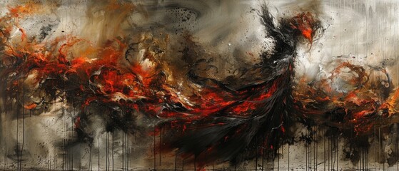  A monochromatic artwork featuring contrasting hues of red, black, white, and gray Paint drips give texture to the piece