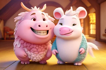 Wandaufkleber Two cartoon animals, one pink and one white, are smiling and posing for a picture. The pink animal has a dragon head and the white animal has a pig head. The scene is lighthearted and playful © Mongkol