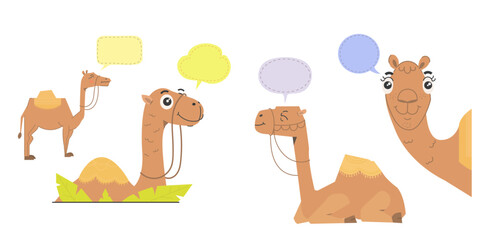 camel cartoon with speech bubble, happy cute camel comical design.