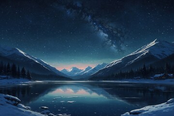 Lake and mountains under the night sky with snowfall and falling stars - obrazy, fototapety, plakaty