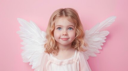 Cute innocent little blond girl wearing angel costume with wings. Isolated on pastel pink background.