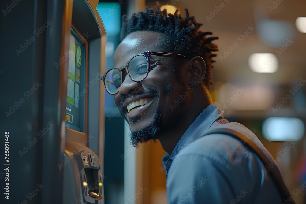 Poster man happily using atm for banking services. concept banking services, atm usage, financial transacti