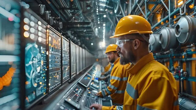 Engineer team sits in front of a computer screen showing graphs related to energy production. Inside a nuclear power plant.