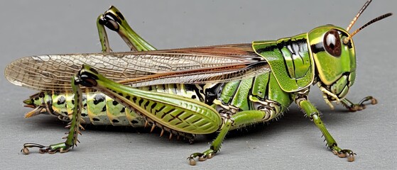  A close-up image of a grasshopper on a gray background with a dark spot on its head